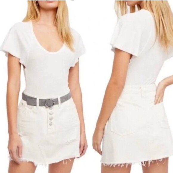 Free People white denim mini skirt Womens 25 distressed button front festival - Picture 1 of 7